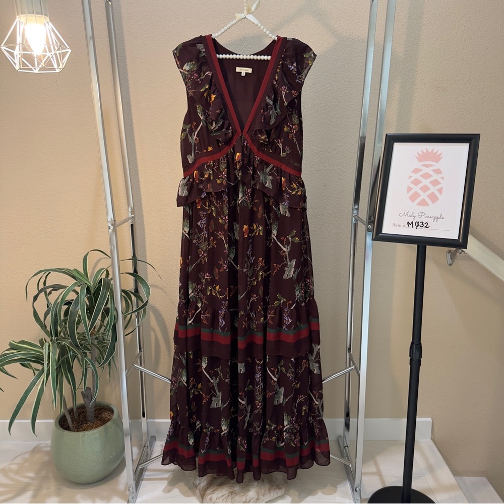 Max Studio size L burgundy floral ruffle sleeveless sheer maxi dress
